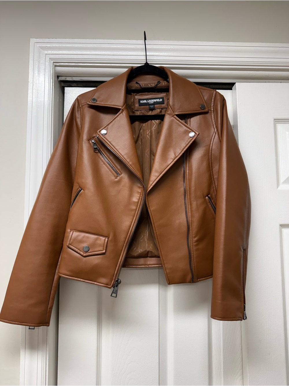 Karl Lagerfeld Tan Leather Moto Jacket with Asymmetrical Zip